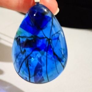 Stained Glass Blue Tear Drop Shape Necklace